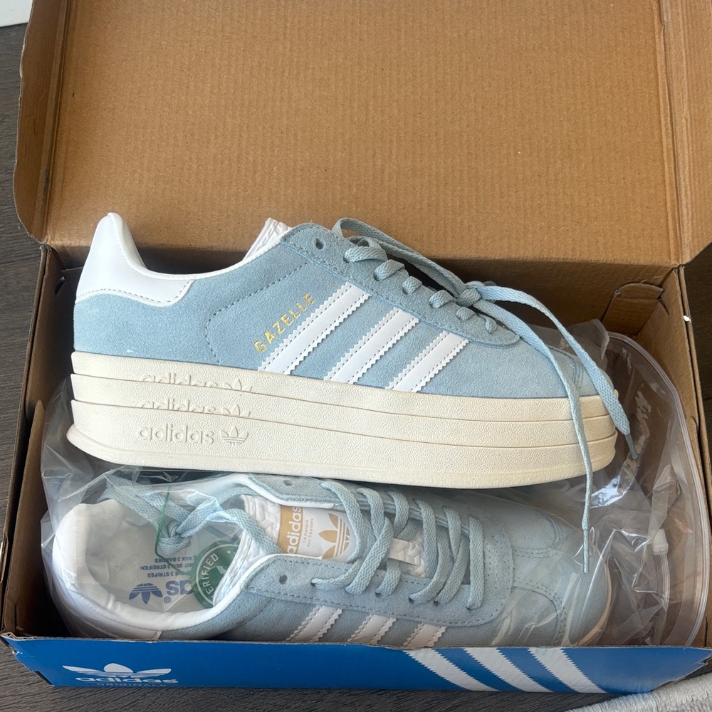 Adidas Gazelle Light Blue and White Platform Sneakers